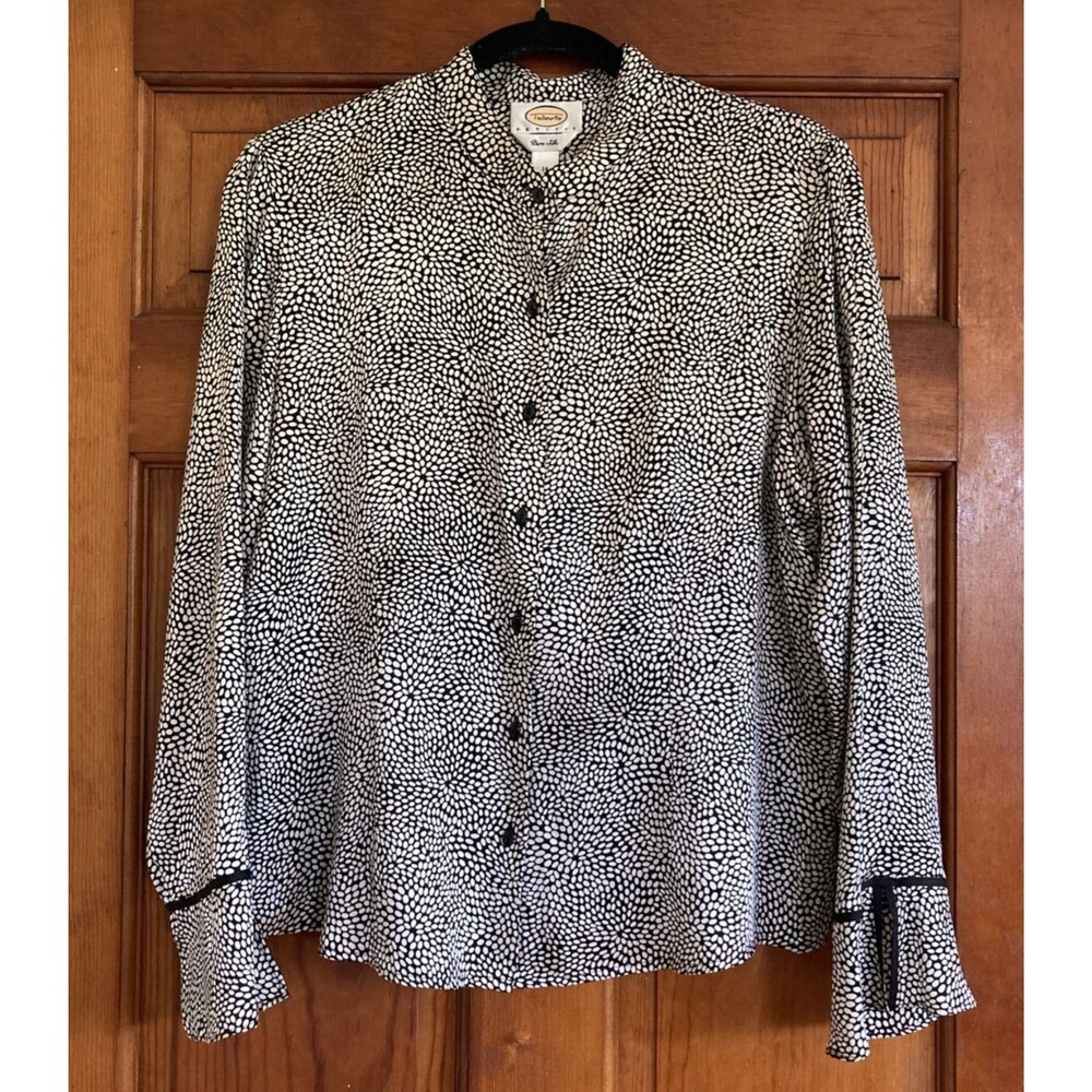 Talbots Womens 14P Black White 100% Silk Blouse Luxury Office Professional Chic